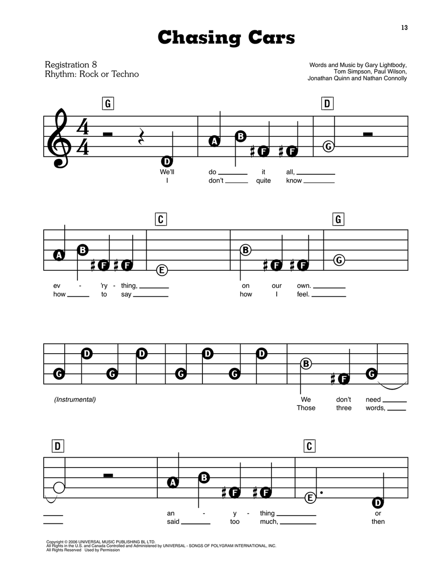 Chasing Cars Electronic Keyboard scores gallery preview page 1
