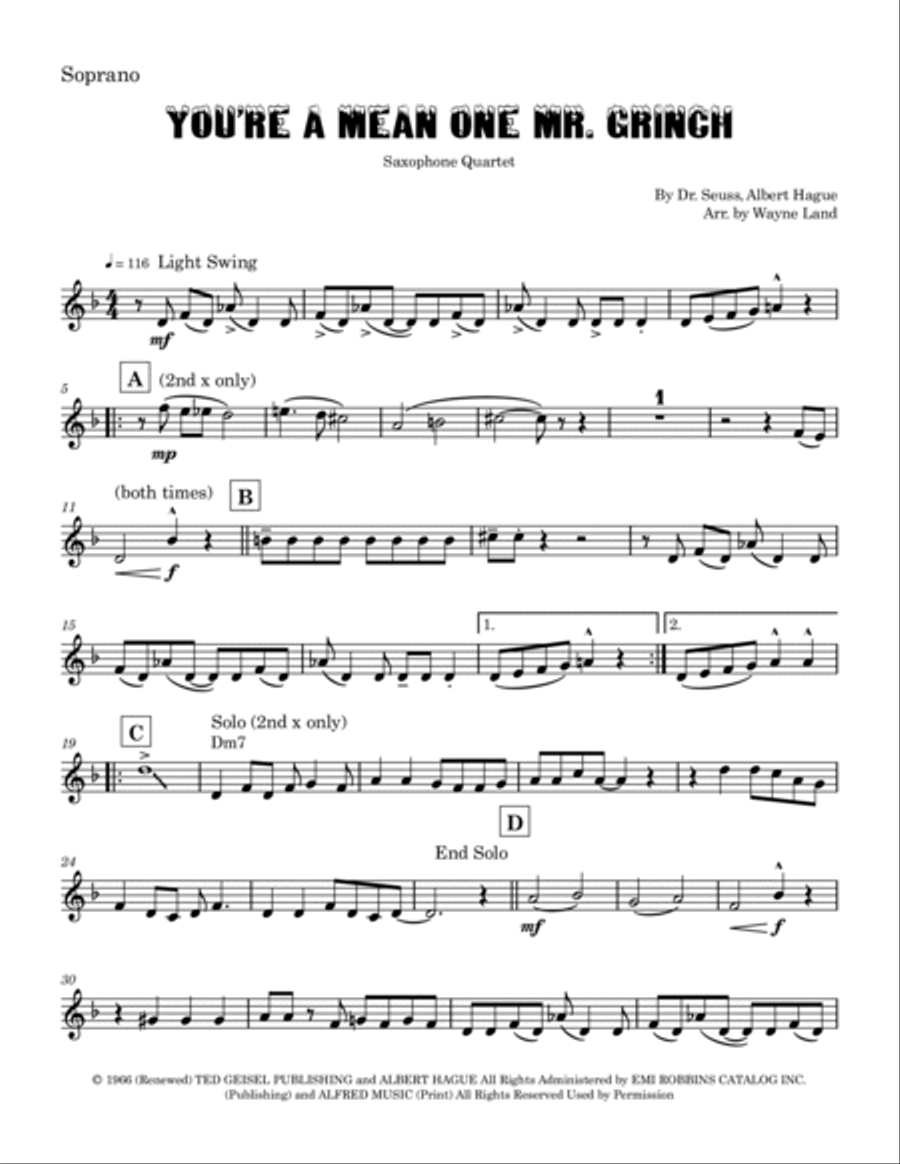 You're A Mean One, Mr. Grinch Saxophone Quartet scores gallery preview page 5