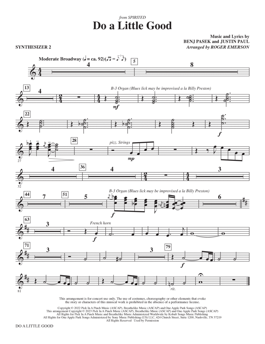Do A Little Good (from Spirited) (arr. Roger Emerson) - Synthesizer II