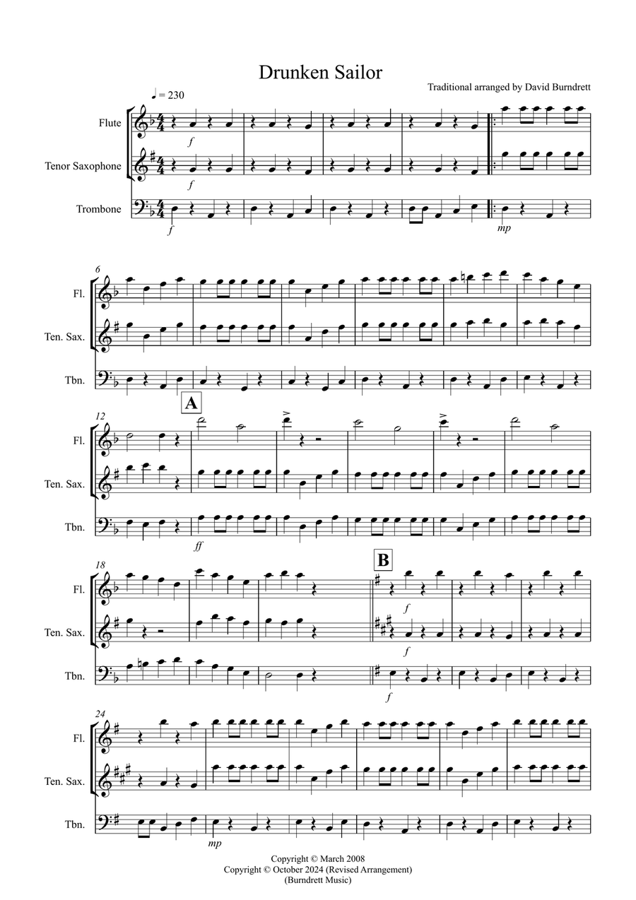 Drunken Sailor for Flute, Tenor Saxophone and Trombone Trio