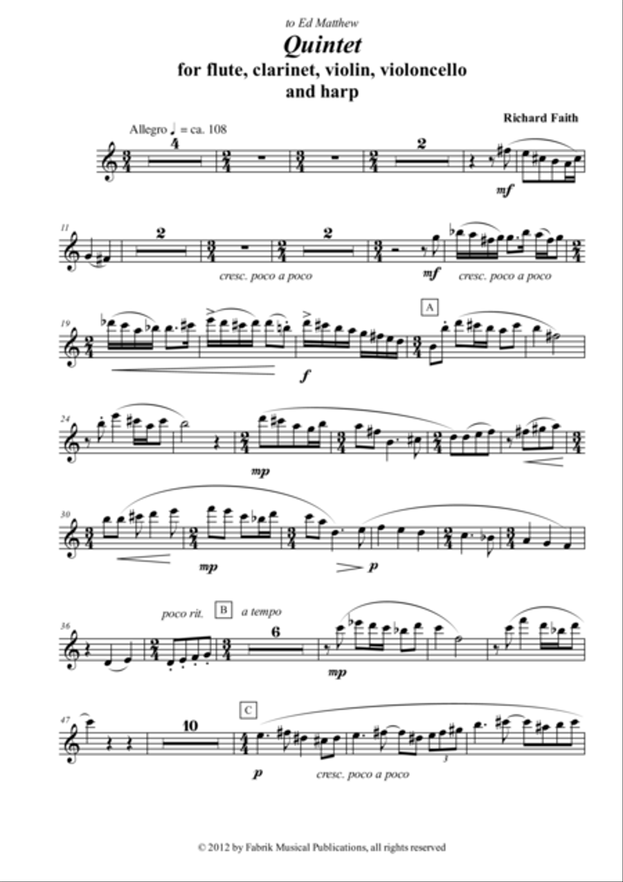 Richard Faith : Quintet for flute, clarinet, violin, violonello and harp, complete parts only Small Ensemble scores gallery preview page 2