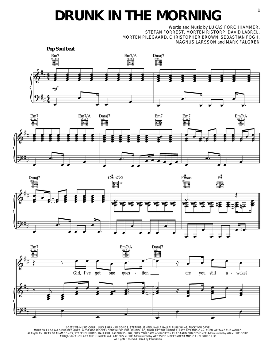 Drunk In The Morning Piano, Vocal, Guitar scores gallery preview page 1
