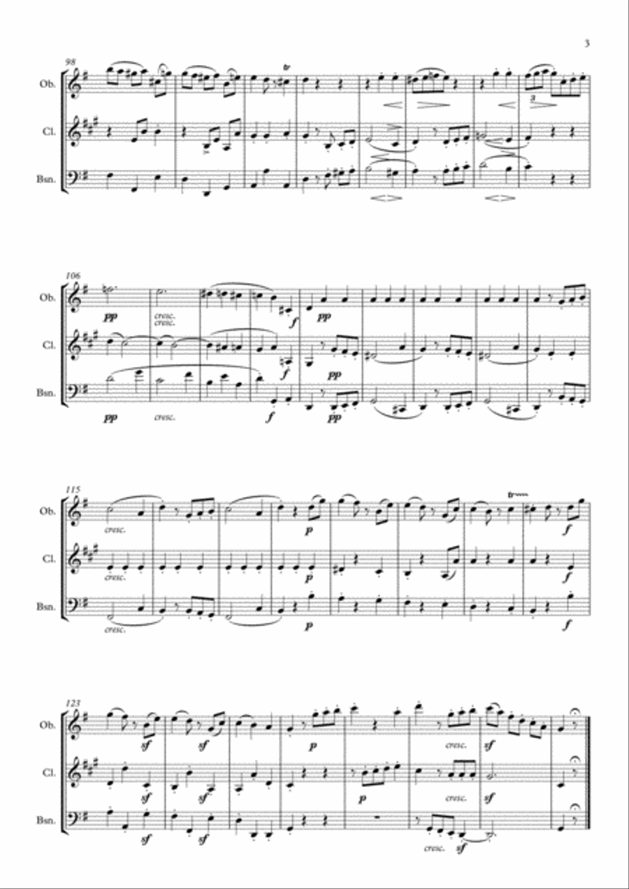 Beethoven: String Trio No.3 in G Op.9 No.1 Mvt.III Scherzo - woodwind trio Woodwind Quintet scores gallery preview page 3