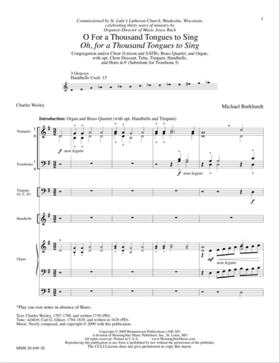 Oh, for a Thousand Tongues to Sing (Azmon) 4-Part scores gallery preview page 1