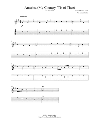 America (My Country, 'Tis of Thee) - for easy guitar with TAB