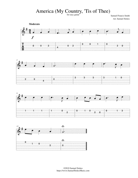 America (My Country, 'Tis of Thee) - for easy guitar with TAB image number null