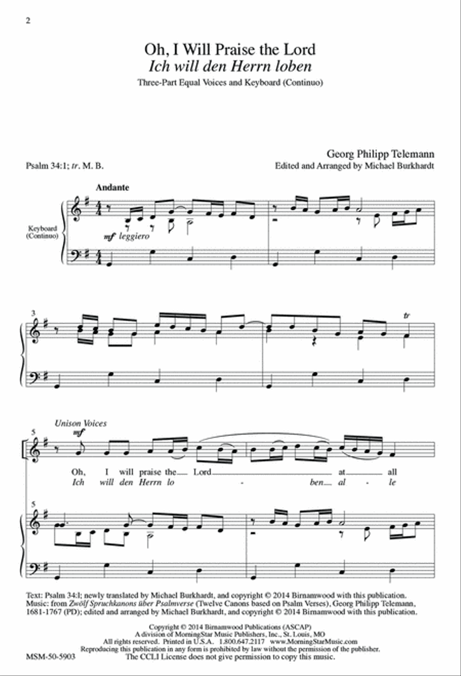 Oh, I Will Praise the Lord/ Ich will den Herrn loben SSA scores gallery preview page 2