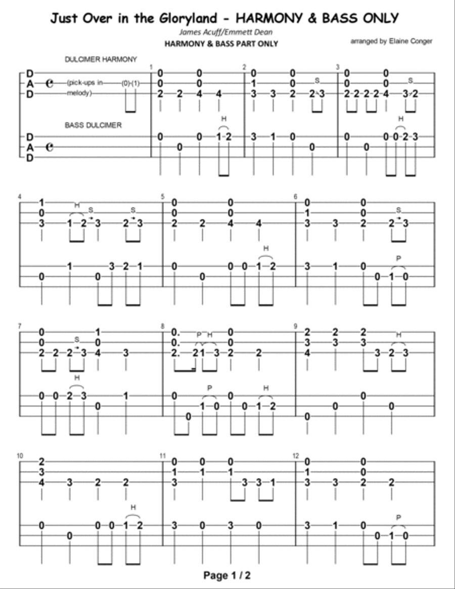 Just Over in the Gloryland - HARMONY & BASS PART ONLY Dulcimer scores gallery preview page 2