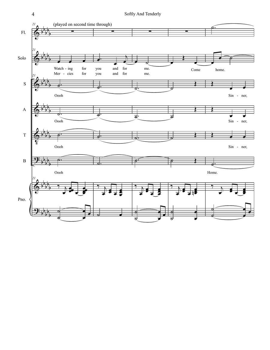 Softly And Tenderly (Solo with SATB) 4-Part scores gallery preview page 4