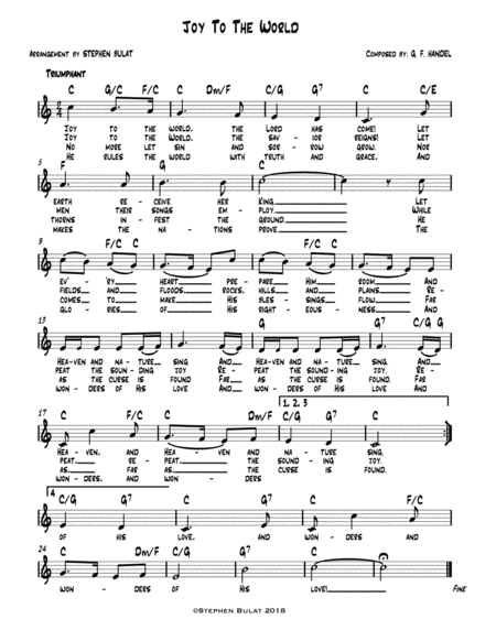 Joy To The World - Lead sheet (melody, lyrics & chords) in key of C