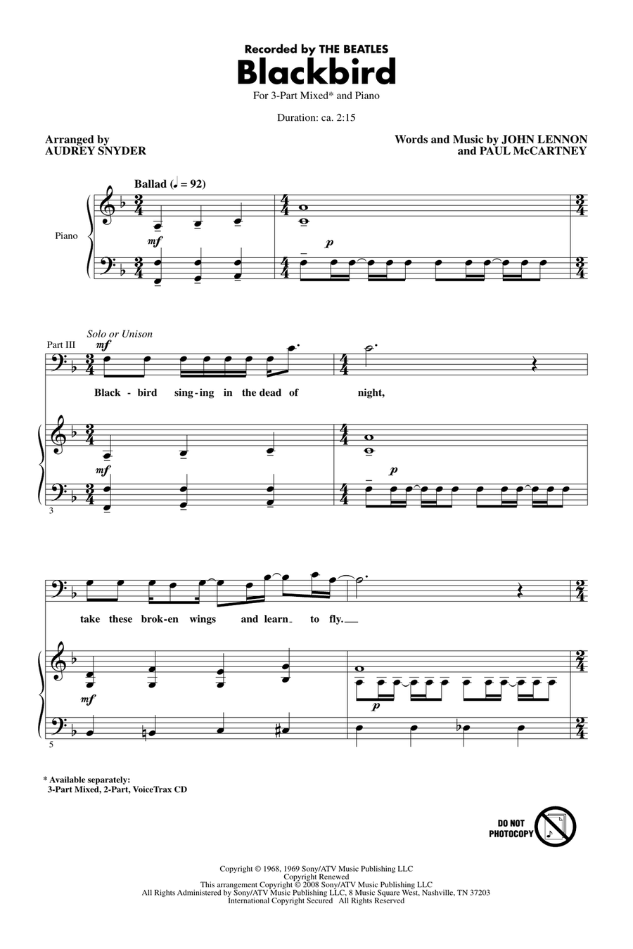 Blackbird (arr. Audrey Snyder) 3-Part scores gallery preview page 1