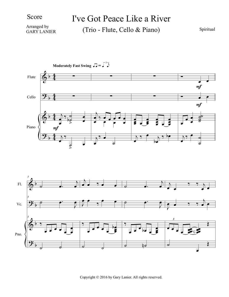Gary Lanier: I'VE GOT PEACE LIKE A RIVER (Trio – Flute, Cello & Piano with Parts) Small Ensemble scores gallery preview page 2