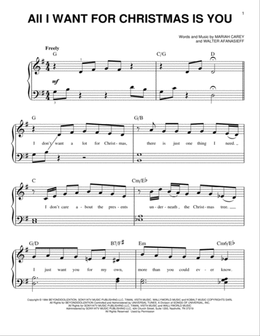 All I Want For Christmas Is You Easy Piano scores gallery preview page 1
