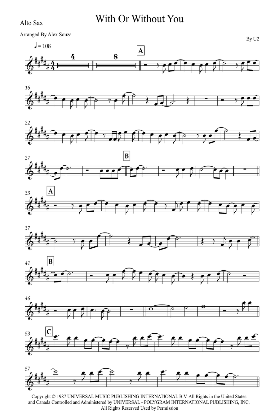 With Or Without You Alto Saxophone scores gallery preview page 1