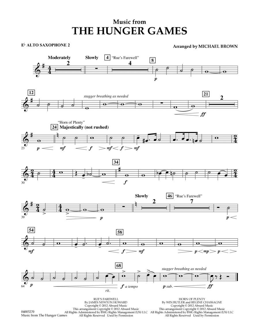 Music from "The Hunger Games" - Eb Alto Saxophone 2