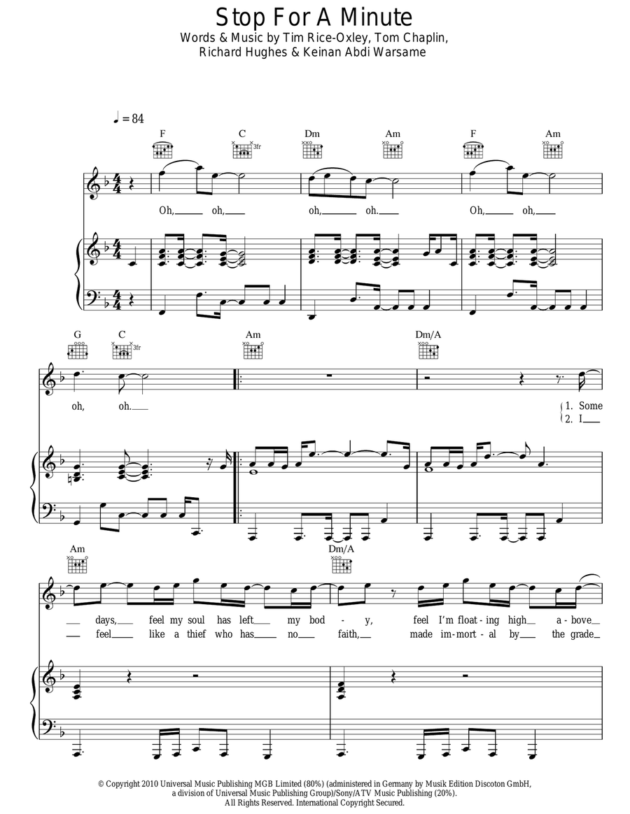 Stop For A Minute Piano, Vocal, Guitar scores gallery preview page 1