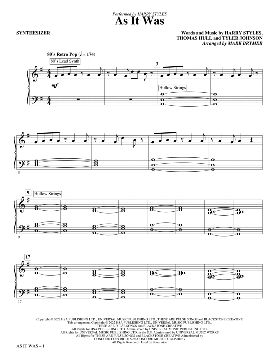 As It Was (arr. Mark Brymer) - Synthesizer Choir scores gallery preview page 1