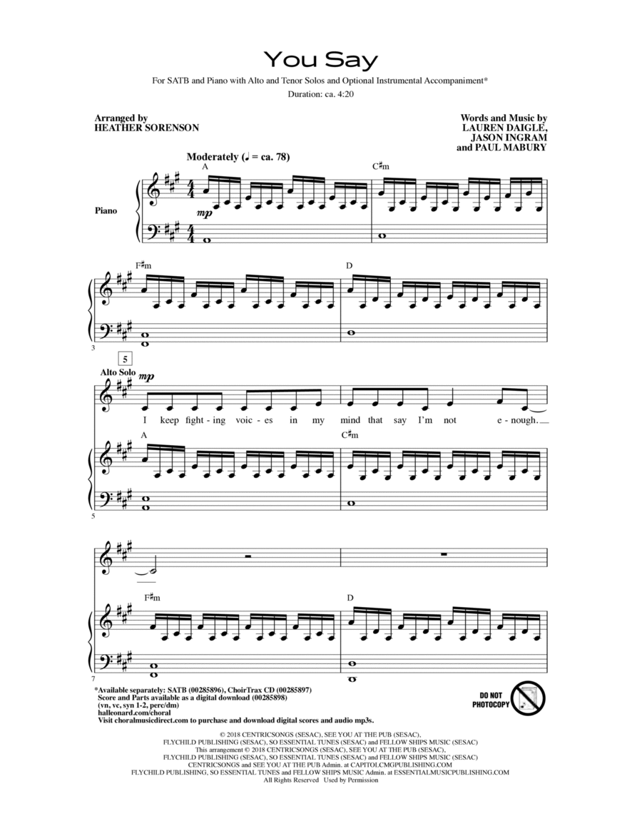 You Say (arr. Heather Sorenson) 4-Part scores gallery preview page 1