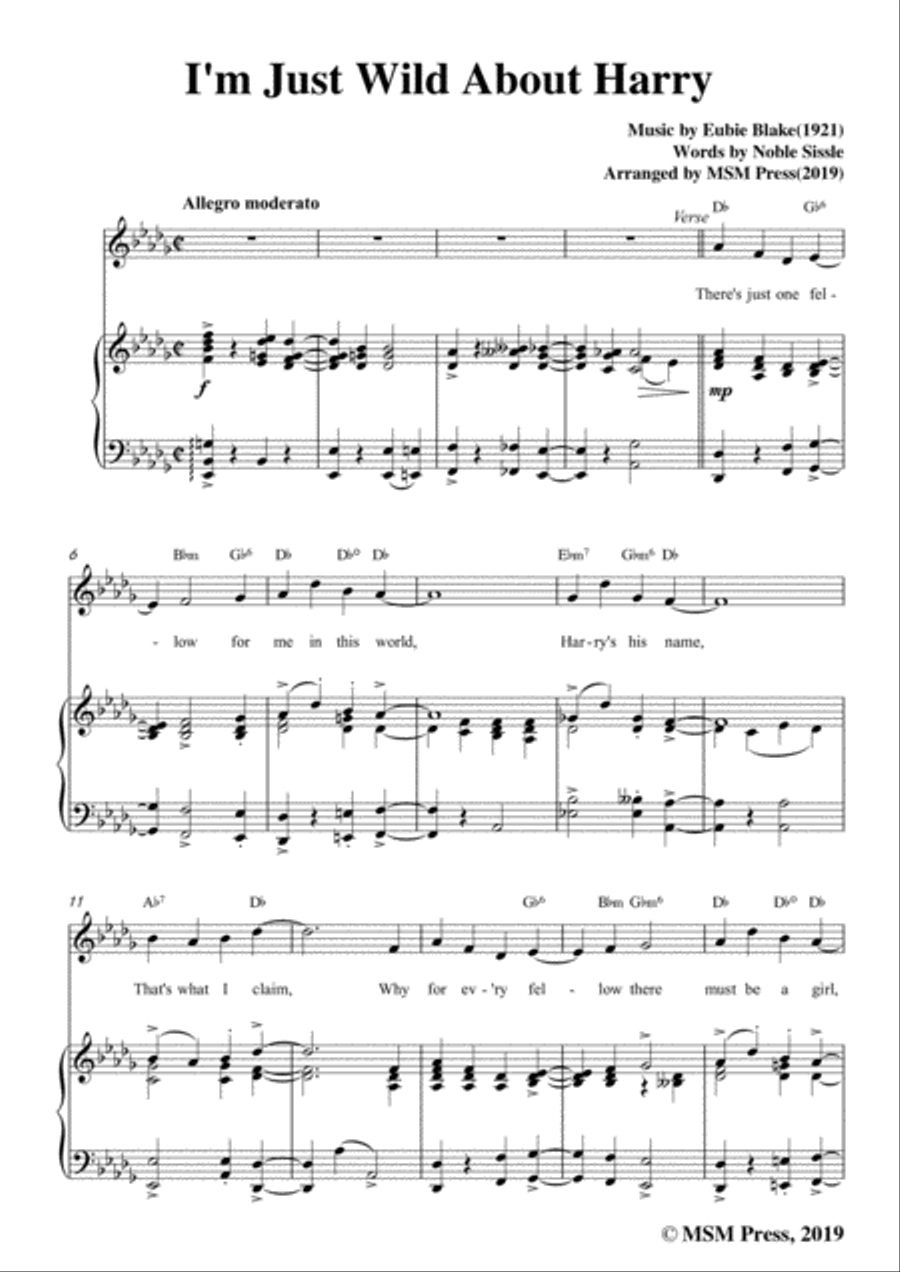 Eubie Blake-I'm Just Wild About Harry,in D flat Major,for Voice&Piano Voice scores gallery preview page 3