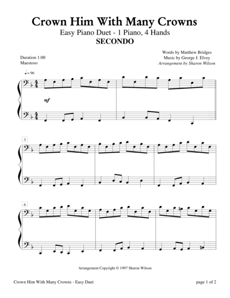 Crown Him With Many Crowns (Easy Piano Duet for 1 Piano, 4 Hands) 