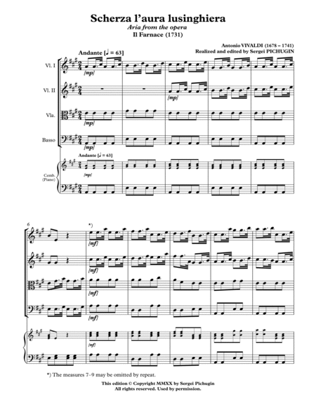 VIVALDI Antonio: Scherza l'aura lusinghiera, aria from the opera Il Farnace, score and parts (A majo