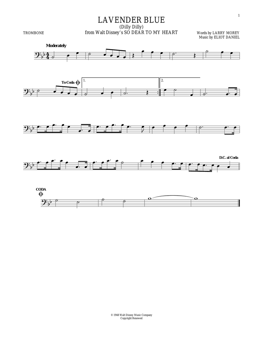 Lavender Blue (Dilly Dilly) (from So Dear To My Heart) Trombone Solo scores gallery preview page 1