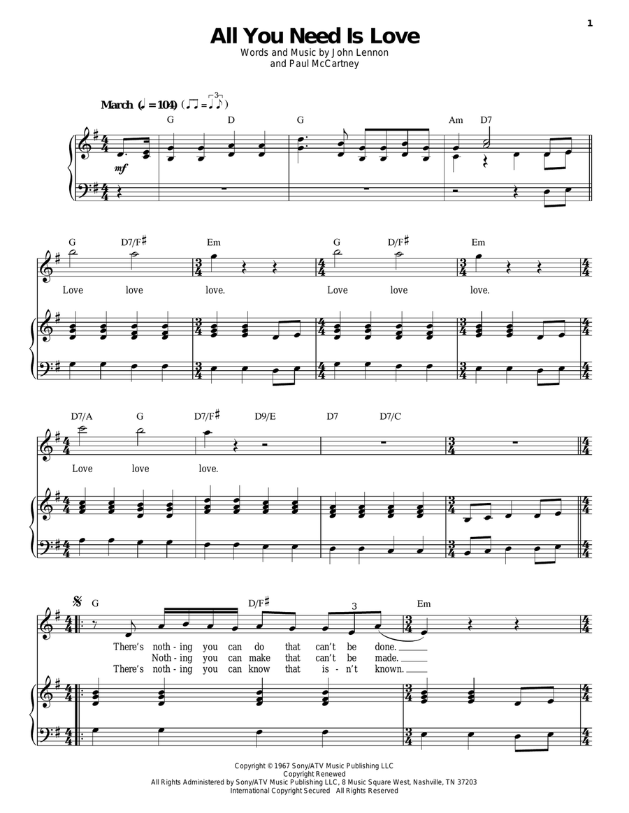 All You Need Is Love All You Need Is Love Piano, Vocal scores gallery preview page 1