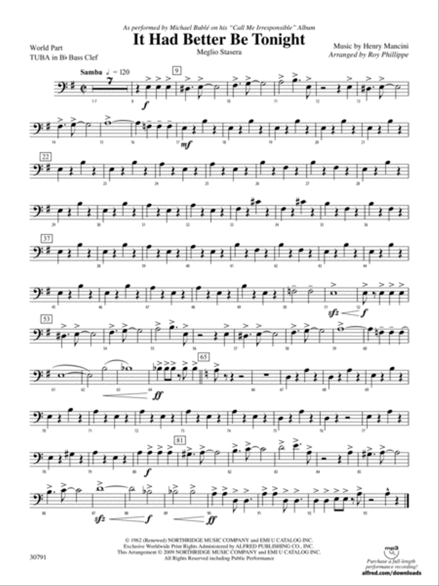 It Had Better Be Tonight (Meglio Stasera): (World Part) B-flat Tuba B.C. Concert Band scores gallery preview page 1