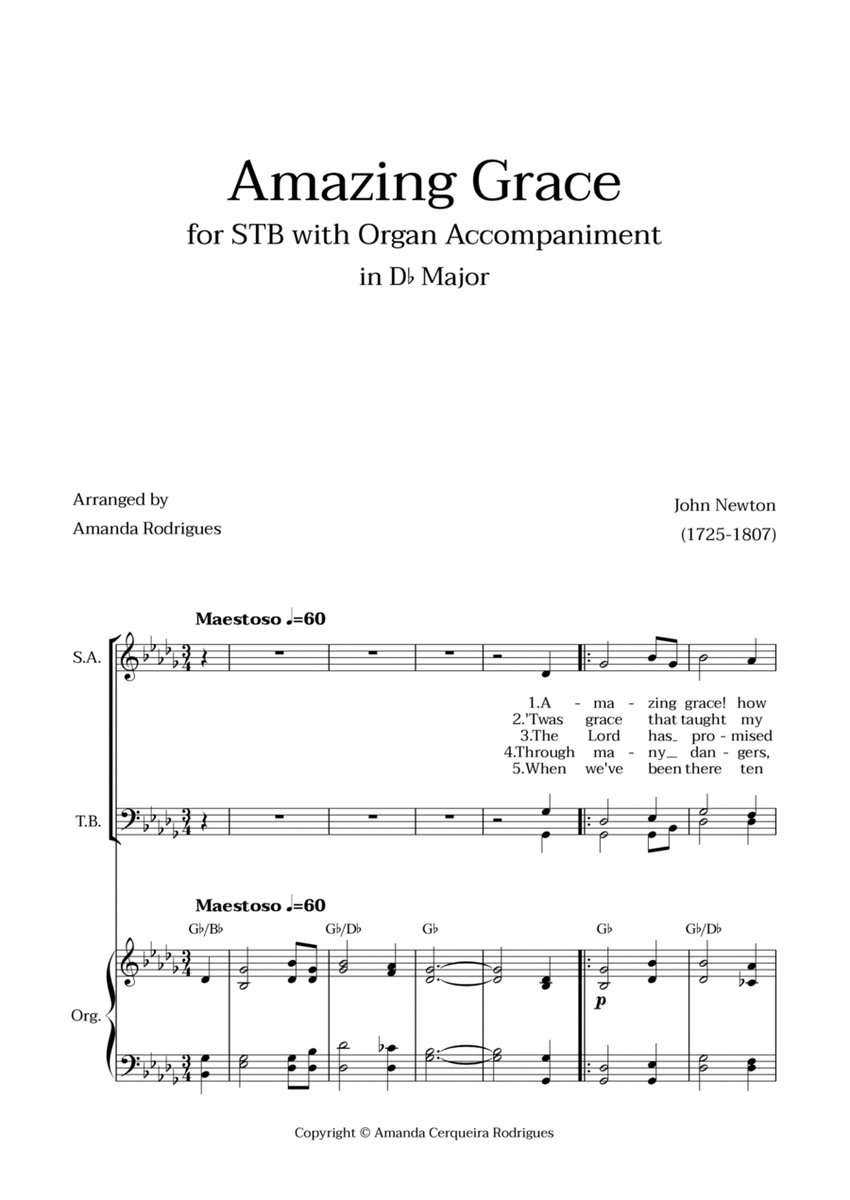 Amazing Grace in Db Major - Soprano, Tenor and Bass with Organ Accompaniment and Chords image number null