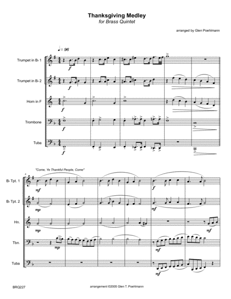 THANKSGIVING MEDLEY - hymns for BRASS QUINTET (unaccompanied) image number null