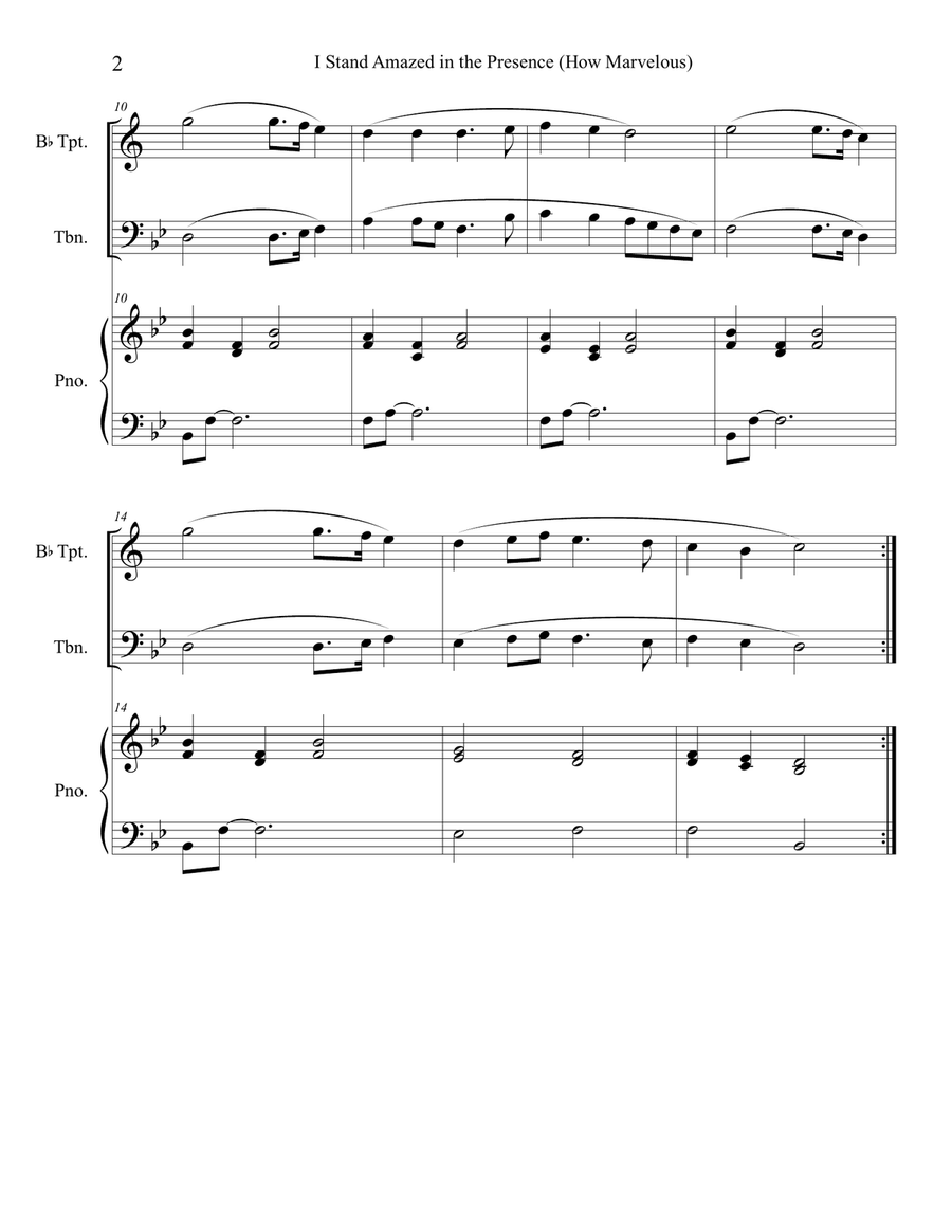 I Stand Amazed in the Presence (How Marvelous) for trumpet and trombone duet with optional piano acc Brass Duet scores gallery preview page 2