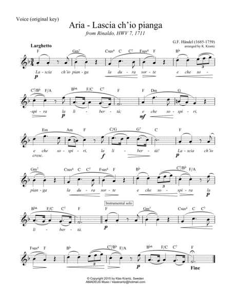 Aria - Lascia ch'io pianga for voice with guitar chords in F Major (lead sheet) image number null