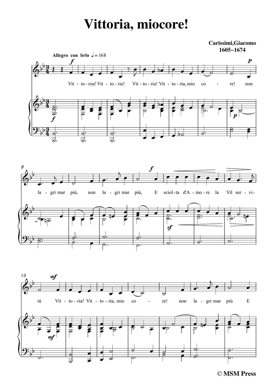 Carissimi-Vittoria, mio core in B flat Major, for Voice and Piano Piano, Vocal scores gallery preview page 3