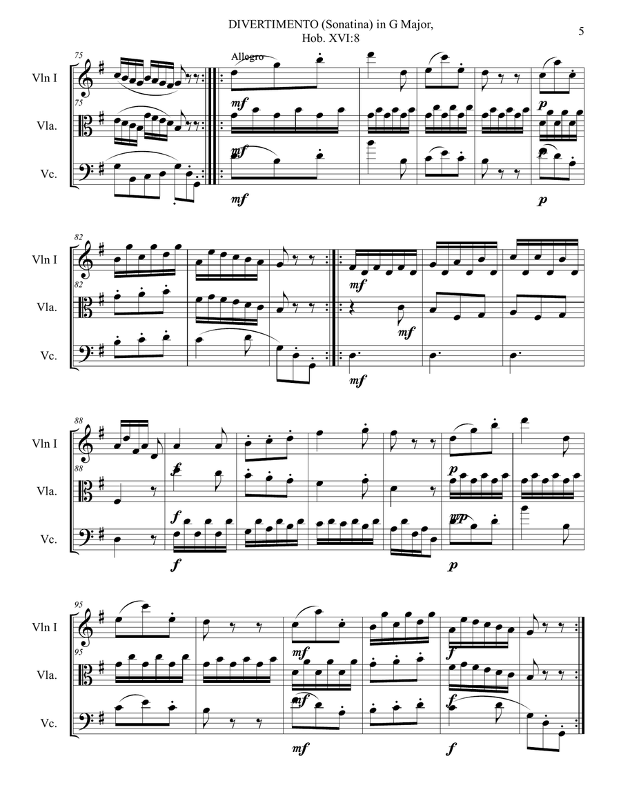 F. J. Haydn. DIVERTIMENTO (Sonatina) in G Major, Hob. XVI-8, Trio string. With parts String Trio scores gallery preview page 5