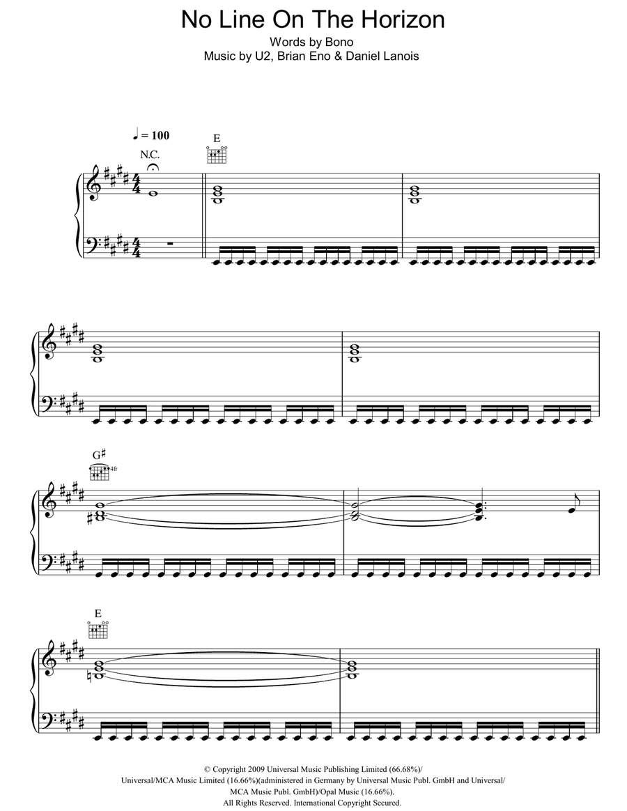 No Line On The Horizon Piano, Vocal, Guitar scores gallery preview page 1