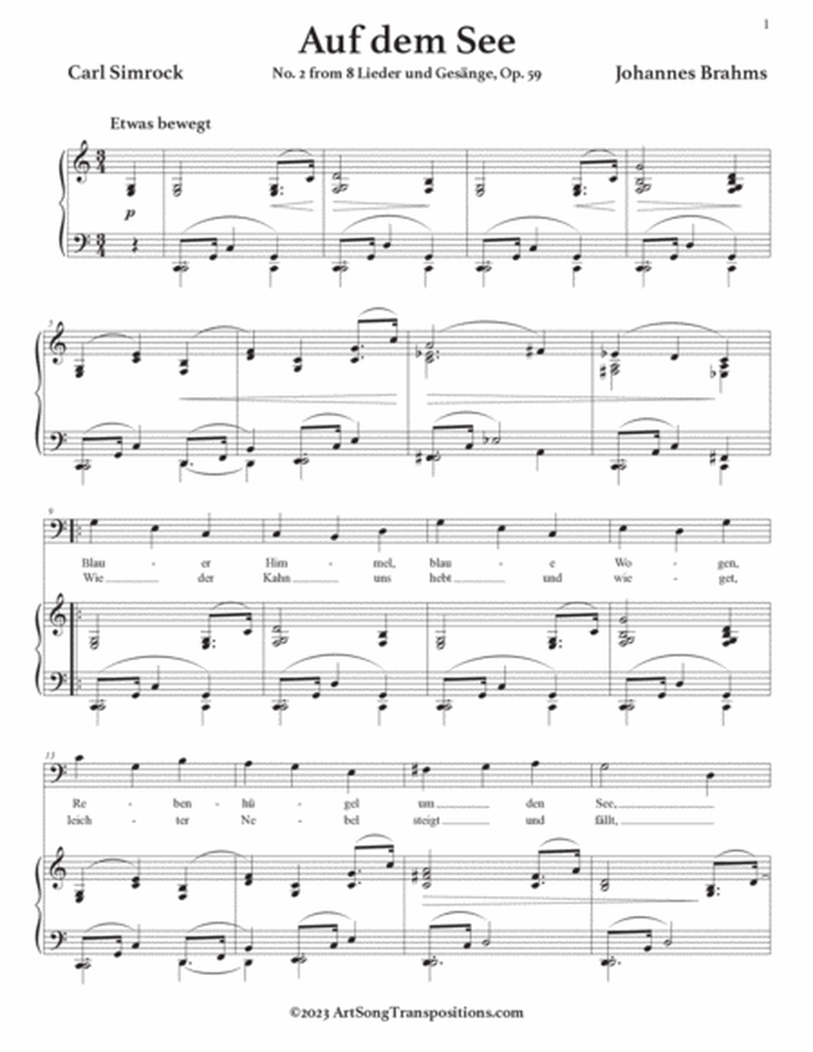 BRAHMS: Auf dem See, Op. 59 no. 2 (transposed to C major, bass clef)