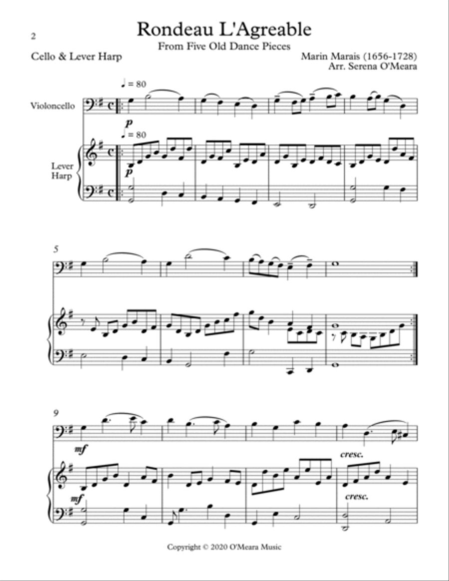 Rondeau L’Agreable, Duet for Cello & Lever Harp String Duet scores gallery preview page 2