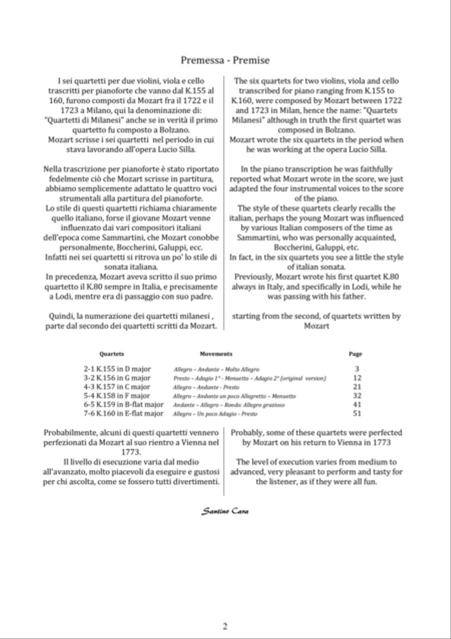 Mozart - The Six Milanese Quartets - Piano version Mozart - The Six Milanese Quartets - Piano version Piano Solo scores gallery preview page 2