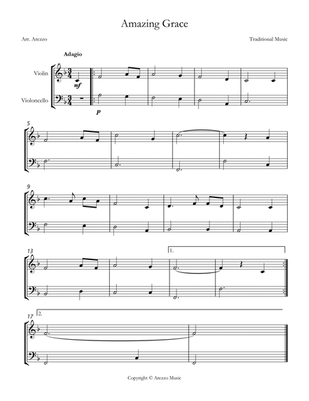 Jonh Newton Amazing Grace Easy Violin and Cello Sheet Music F major image number null