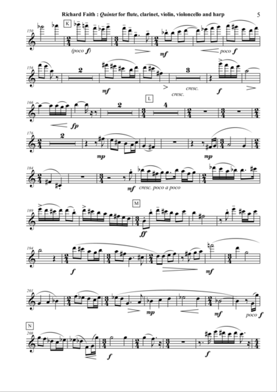 Richard Faith : Quintet for flute, clarinet, violin, violonello and harp, complete parts only Small Ensemble scores gallery preview page 5