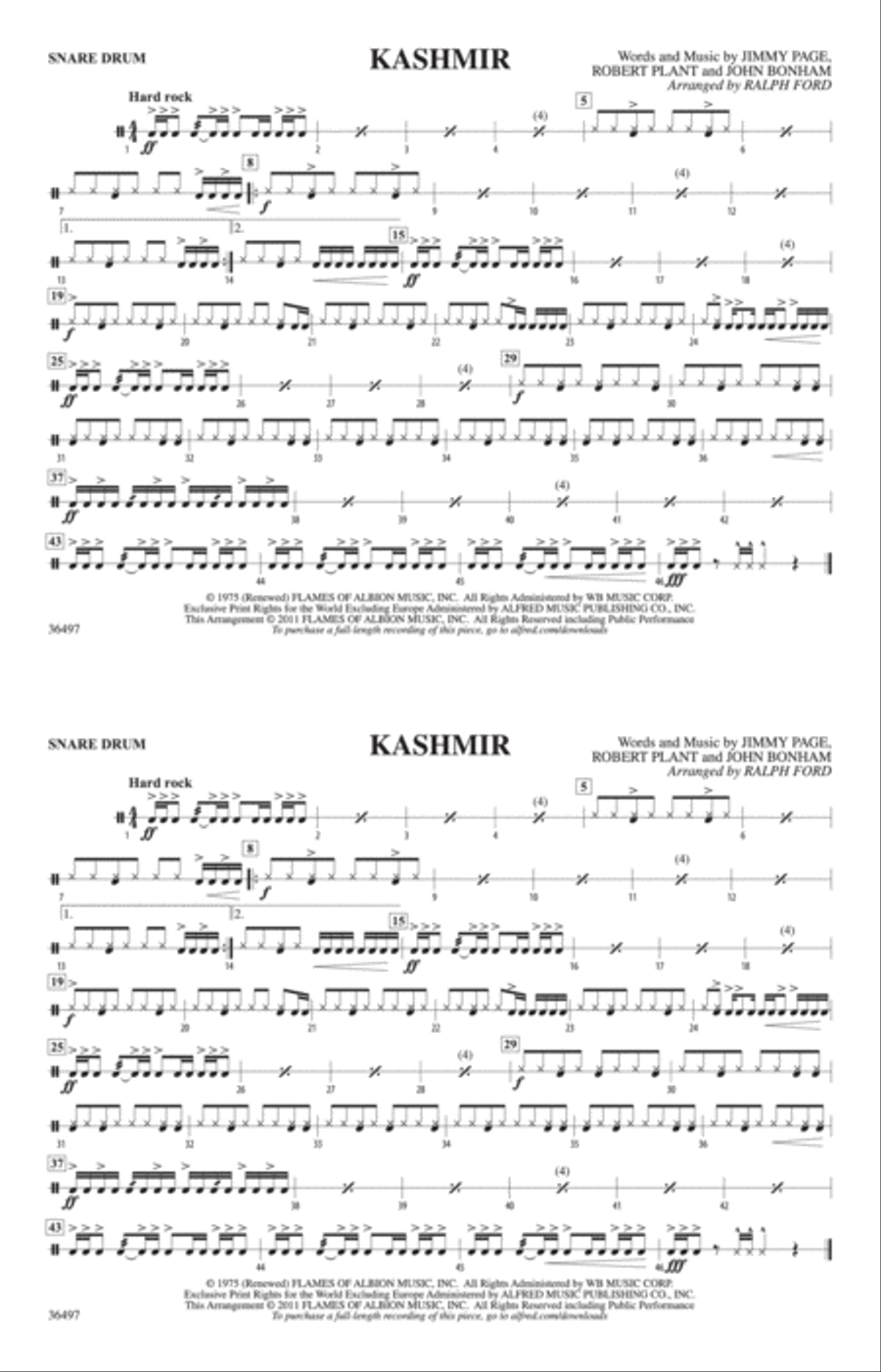 Kashmir: Snare Drum Marching Band scores gallery preview page 1