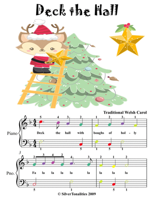 Deck the Hall Easiest Piano Sheet Music with Colored Notes
