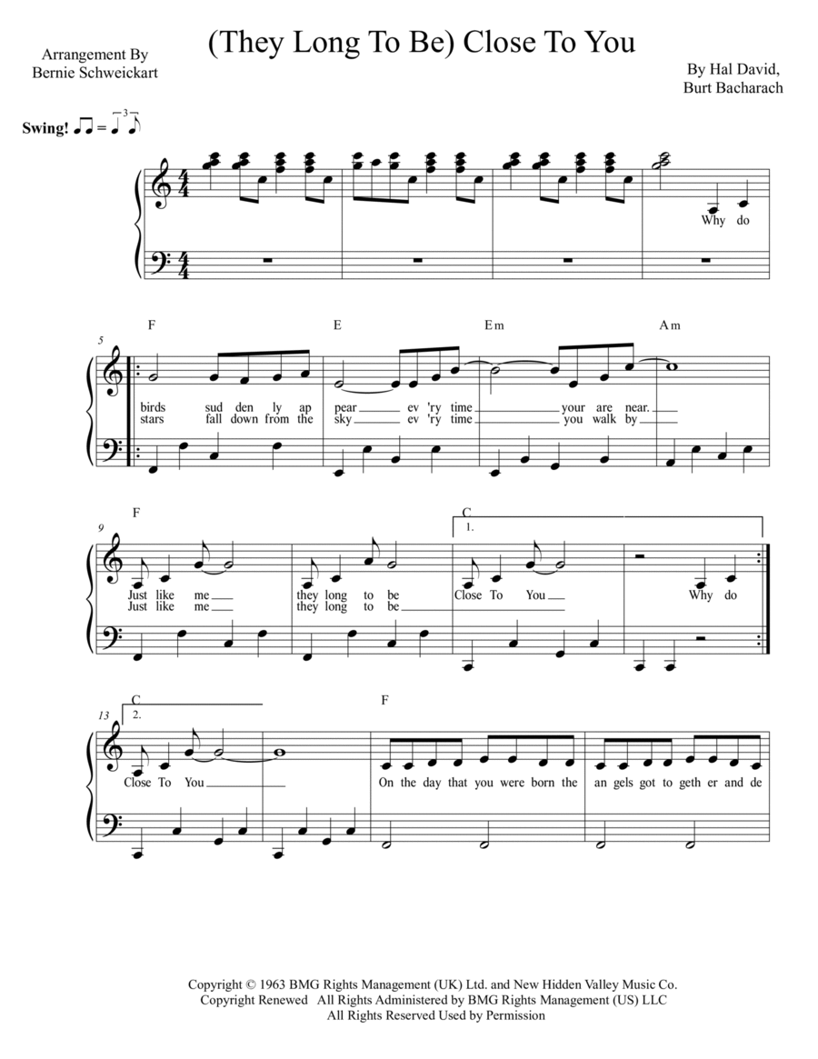 (they Long To Be) Close To You Piano, Vocal, Guitar scores gallery preview page 1