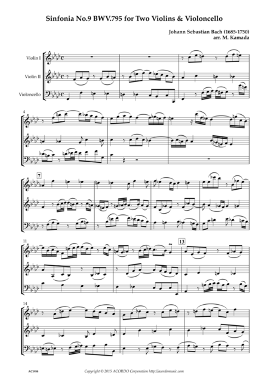 Sinfonia No.9 BWV.795 for Two Violins & Violoncello String Duet scores gallery preview page 1