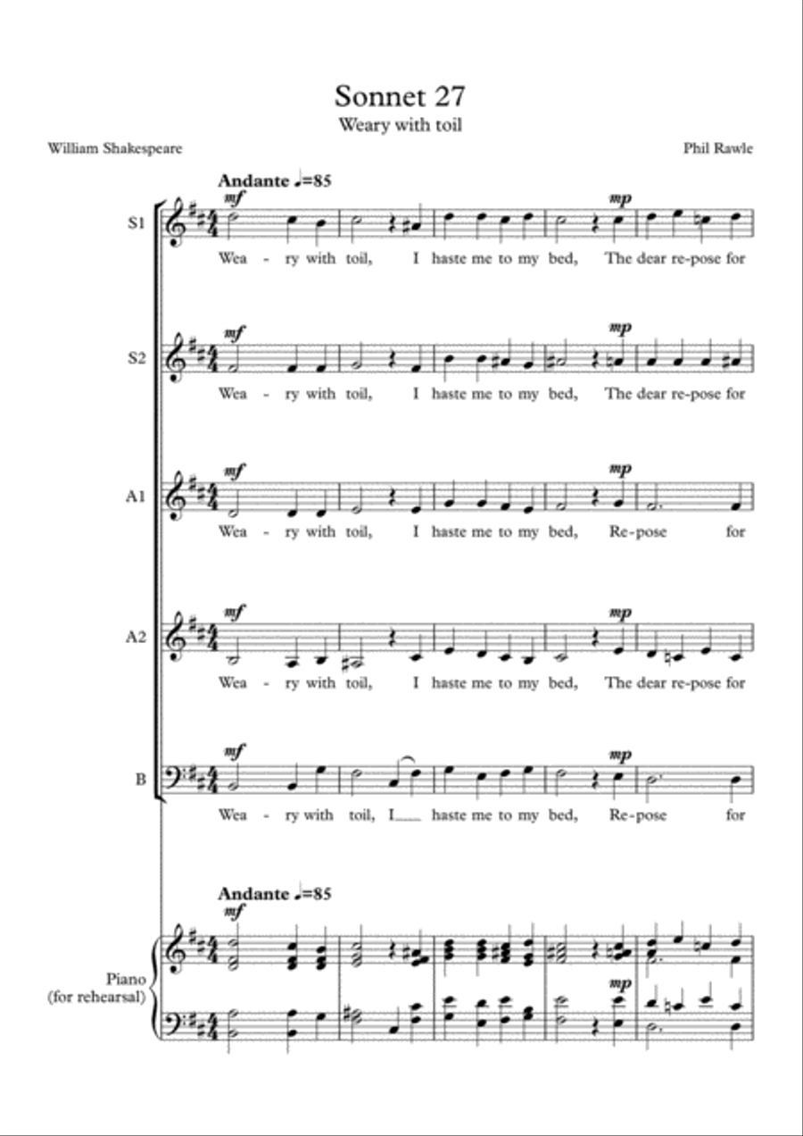 Sonnet 27 - Weary With Toil - Choir SSAAB 3-Part scores gallery preview page 1