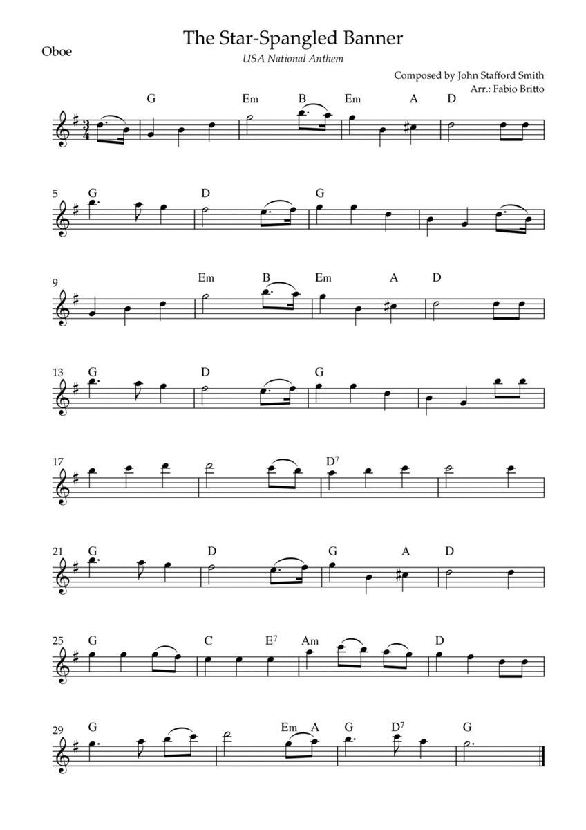 The Star Spangled Banner (USA National Anthem) for Oboe Solo with Chords (G Major)