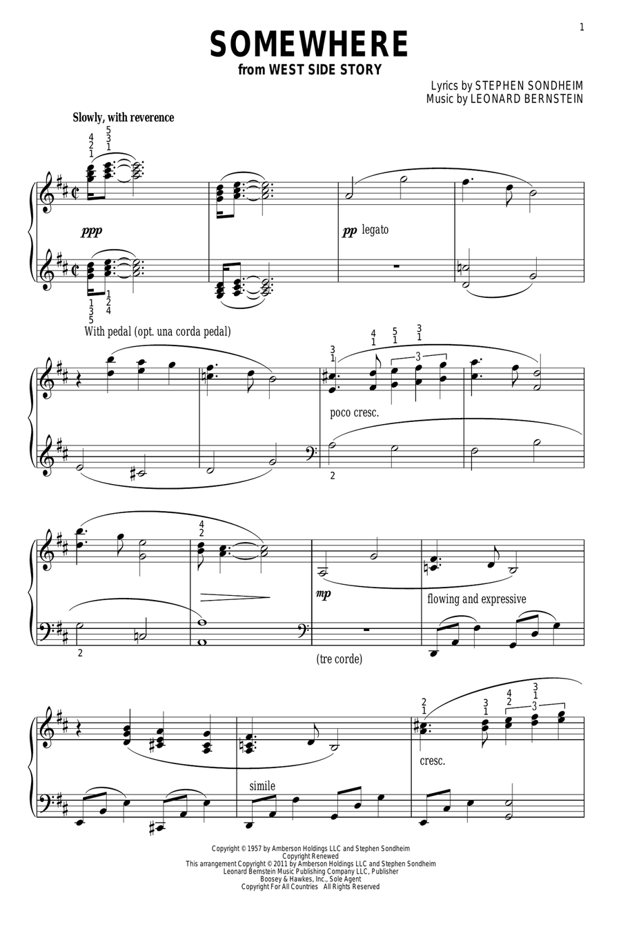 Somewhere (from West Side Story) Piano Solo scores gallery preview page 1