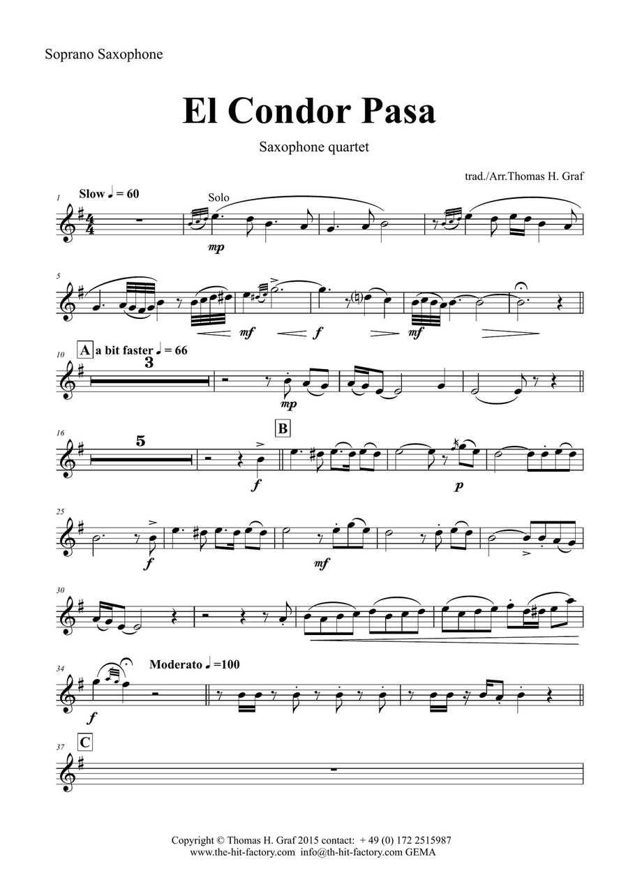 El Condor pasa - Peruvian Folk Song - Saxophone Quartet Saxophone Quartet scores gallery preview page 6