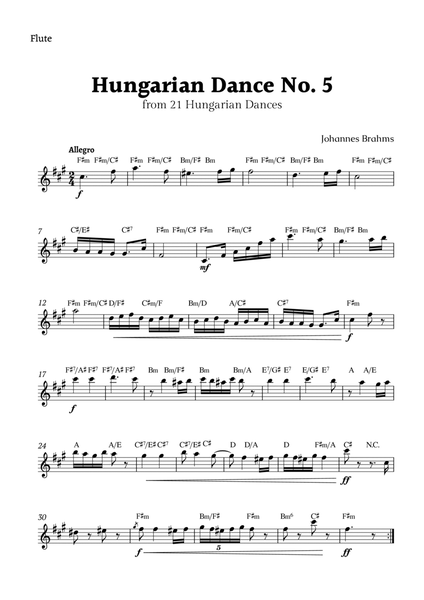 Hungarian Dance No. 5 by Brahms for Flute Solo with Chords image number null
