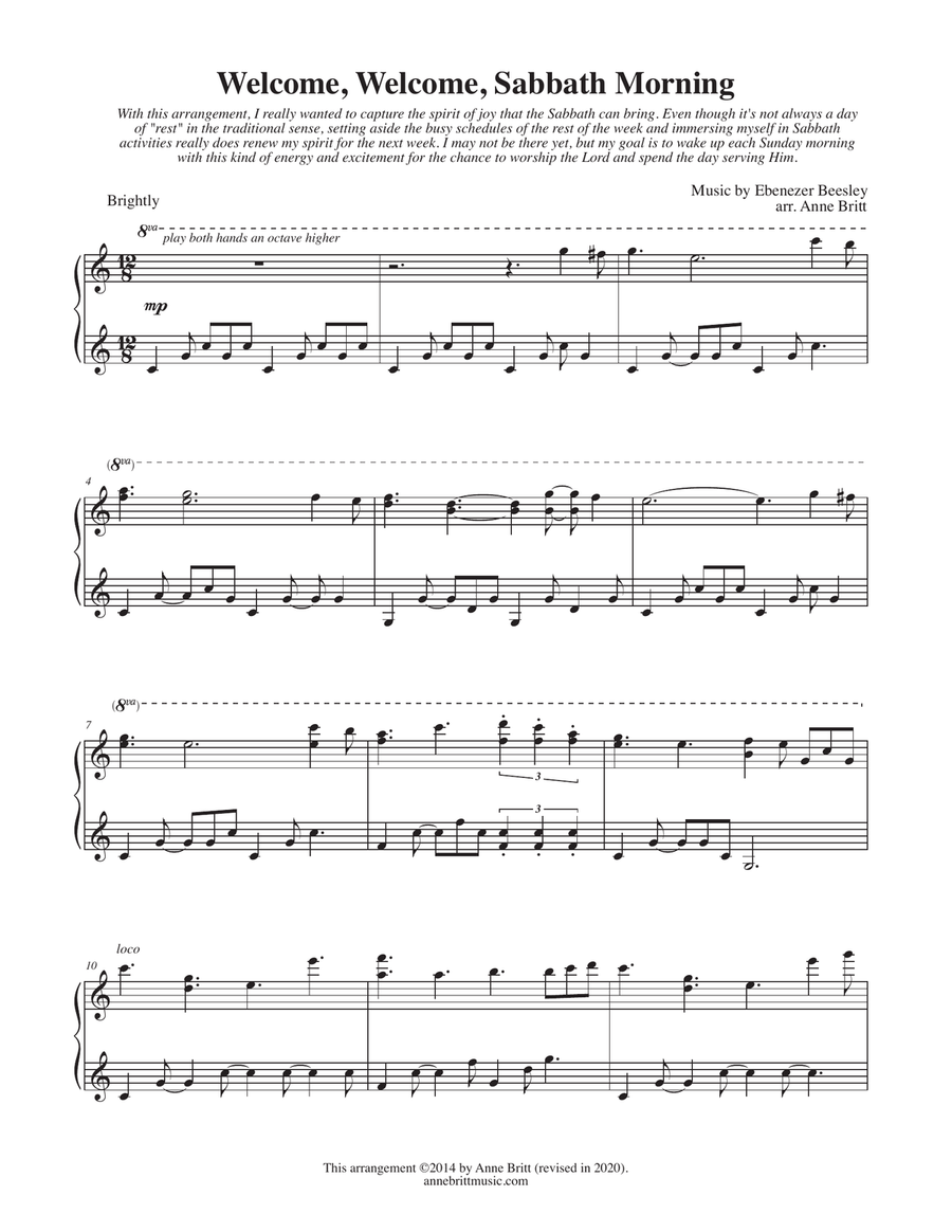 Welcome, Welcome, Sabbath Morning (advanced intermediate piano solo) Piano Solo scores gallery preview page 1
